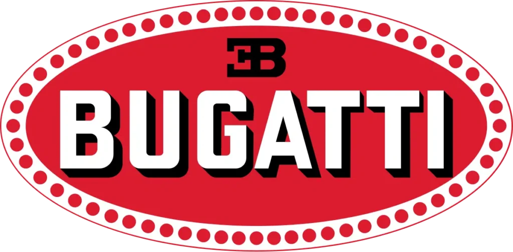 Close-up of the Bugatti logo on a red background.