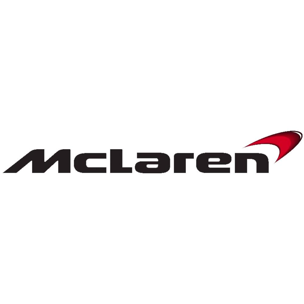 McLaren logo with a red swoosh on a black background.