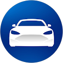 White sports car icon on a blue circular background.