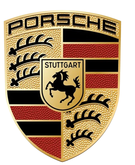 Close-up of the Porsche emblem featuring a horse and red-black stripes.
