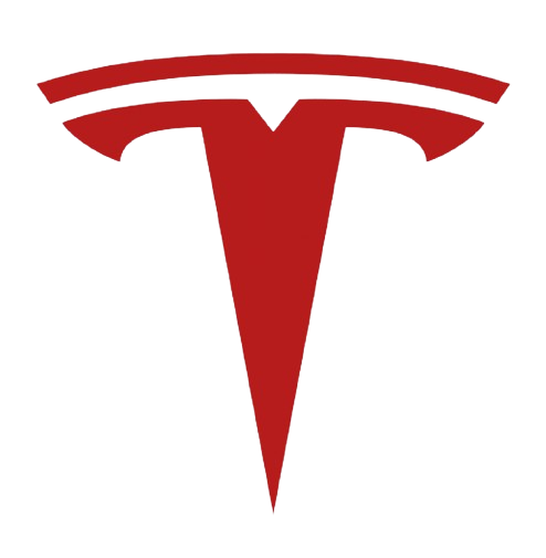 Tesla logo in red on a muted background.